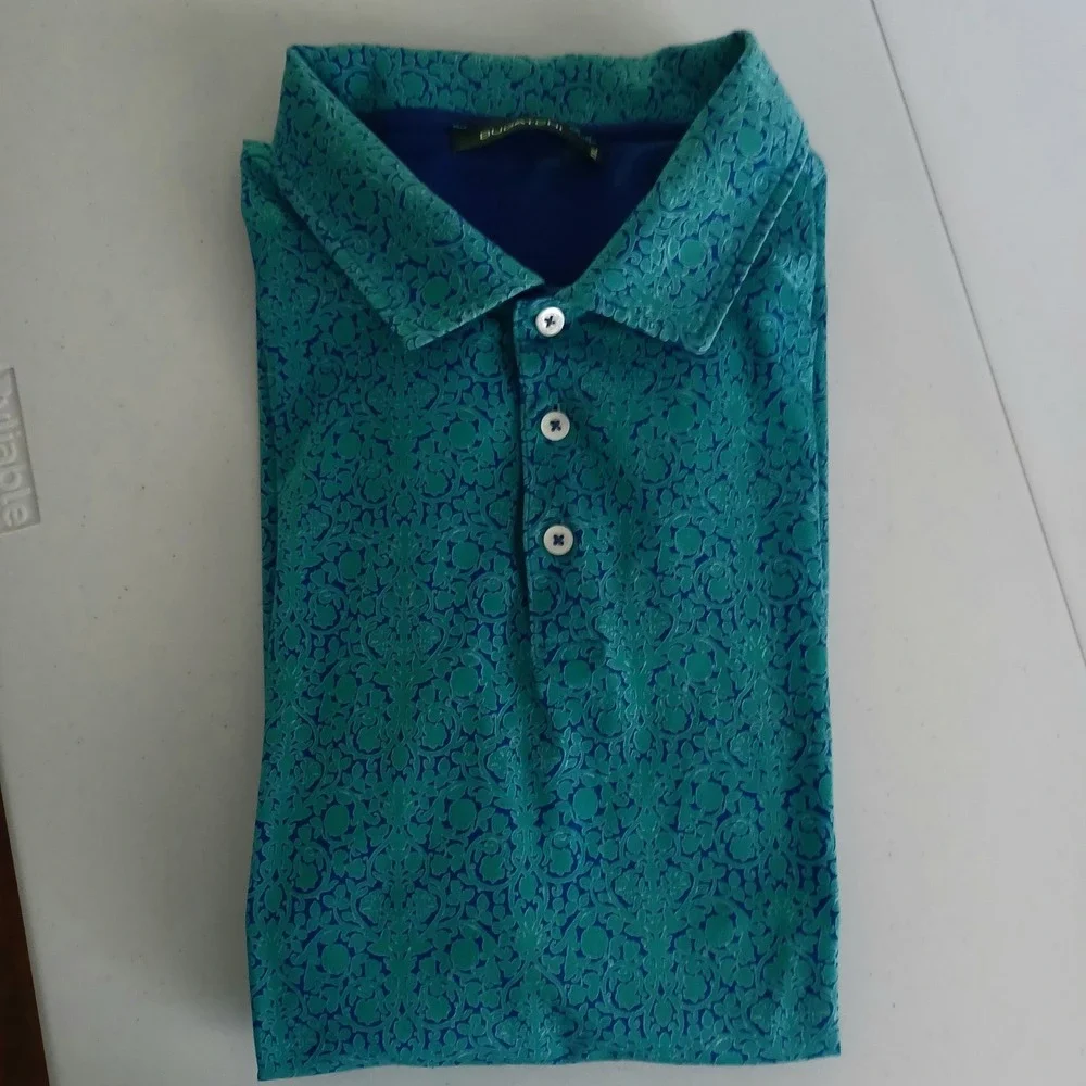 Bugatchi Performance Mens XXL Teal Blue Damask Floral Print Golf Polo Shirt‎